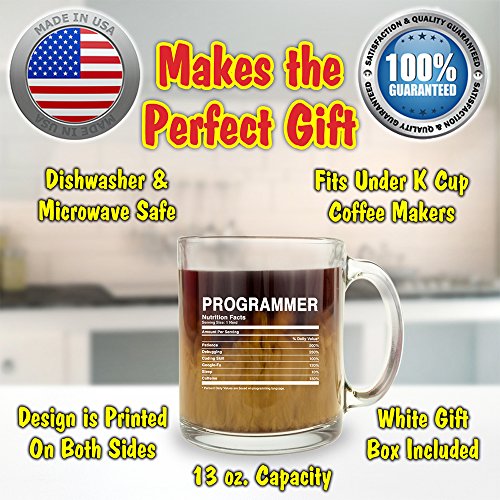 Programmer Nutrition Facts - Coding Nerd Glass Coffee Mug - Makes A Great Geek Gift For It Support, Computer Science Engineer Graduates And Software Developer Programmers Under $15! #TOP3