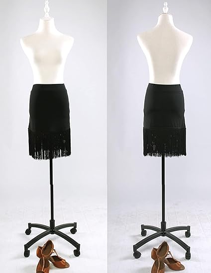 Jupe Danse Latine Professionnelle à Franges - Noir XXL, Fente Côté, Pompons, Taille Haute