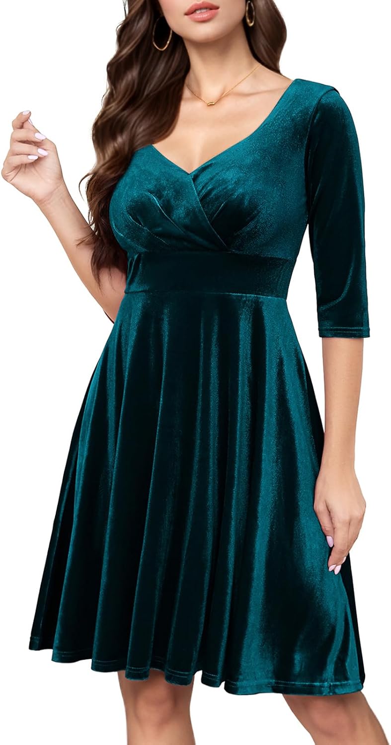 Bbonlinedress Velvet Sequin Cocktail Dress - Long Sleeve Vintage Midi Dress For Wedding Guest & Parties