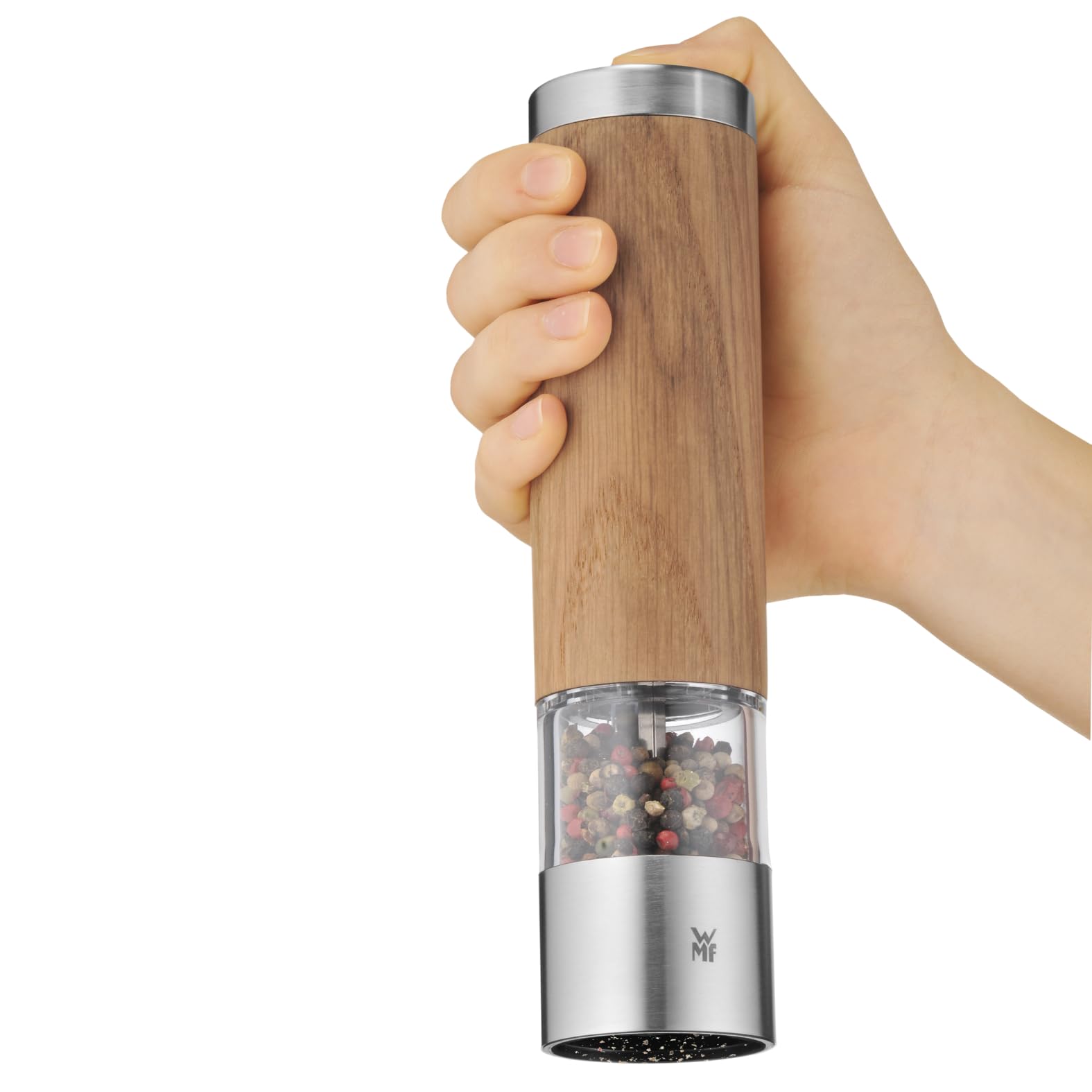 WMF Ceramill Elektrische Mühle 21,5 cm, Salz und Pfeffermühle elektrisch unbefüllt, Eichenholz Cromargan Edelstahl, Keramikmahlwerk