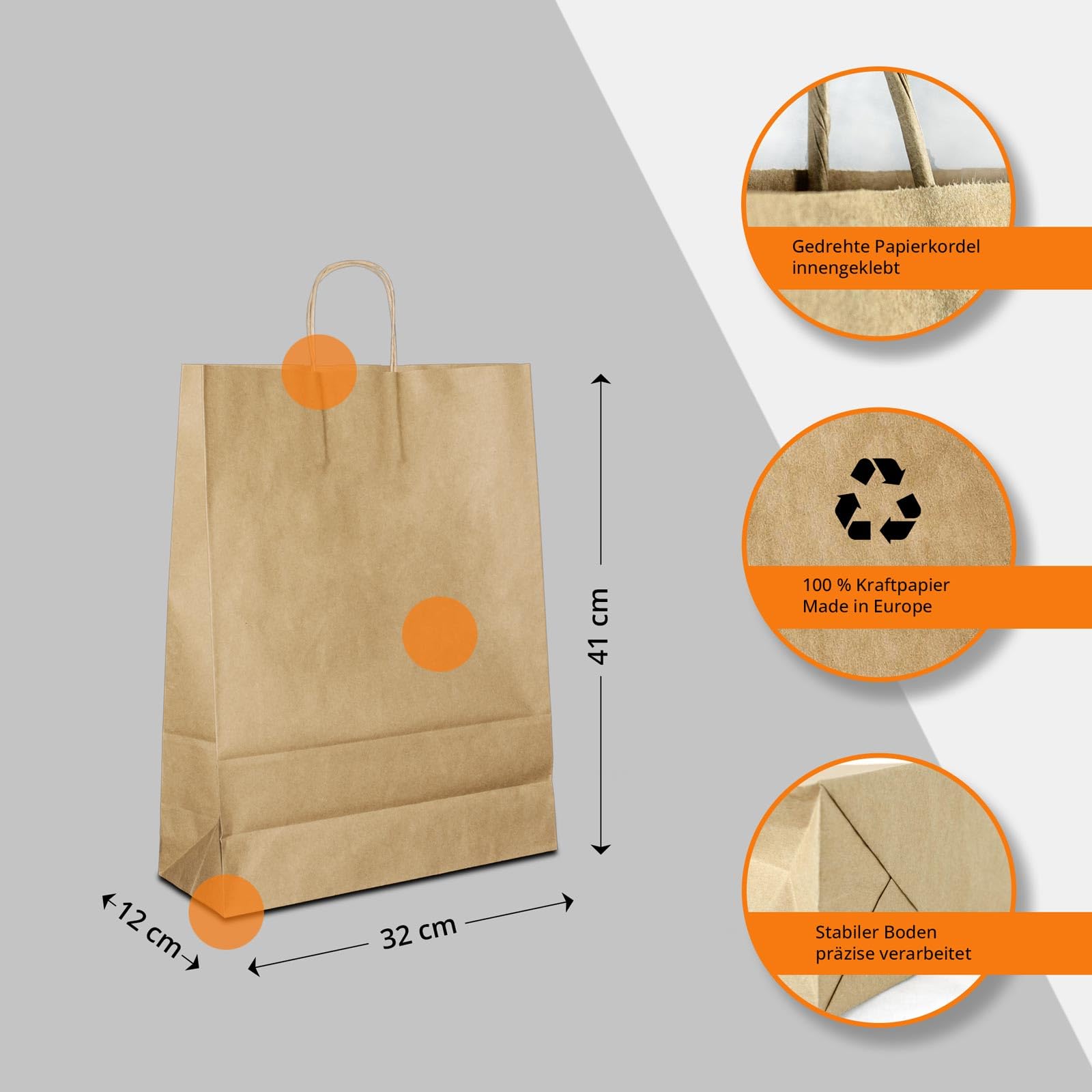 Papiertüten braun mit Kordel-Henkel I 500 Stk. 32+12x41cm I Papiertragetasche für Einzelhandel, Hochzeit, Geburtstag, TO-GO I Geschenktüten aus Kraftpapier I HUTNER