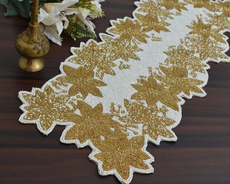 Image of Beaded Table Runner Cream Gold Elegant Handcrafted Decor Pack of 1 | 13 x 36 Inches | Perfect for Dining, Coffee Tables, Festive Celebrations, Weddings, Home & Office Decoration