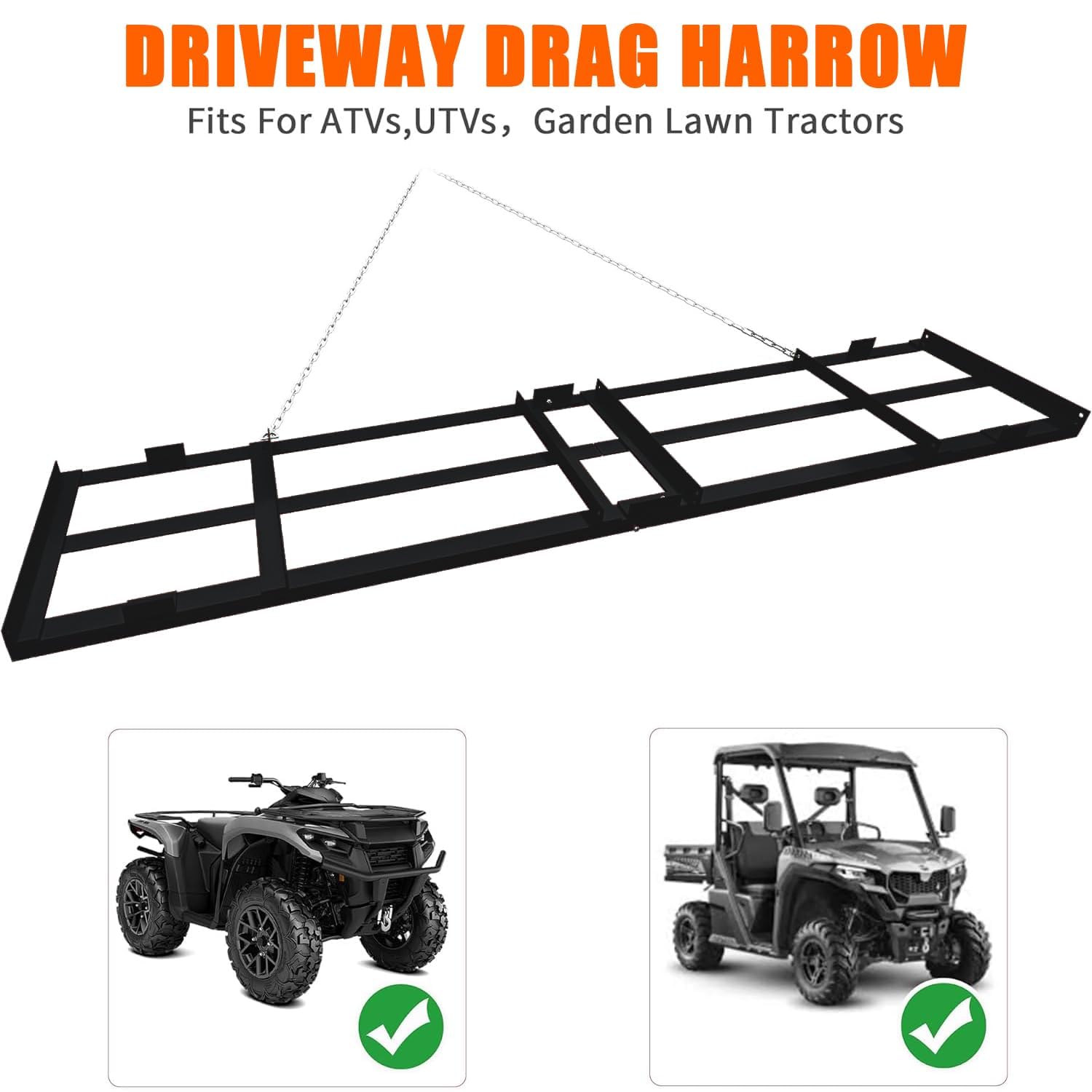 Garvee Brona ciągniona 122 x 51 cm (48 x 20 cali), ciężki stalowy niwelator trawnika Q235 z regulowanymi prętami, grabie do poziomowania żwiru i podłoża do ATV, UTV i traktorów, czarna