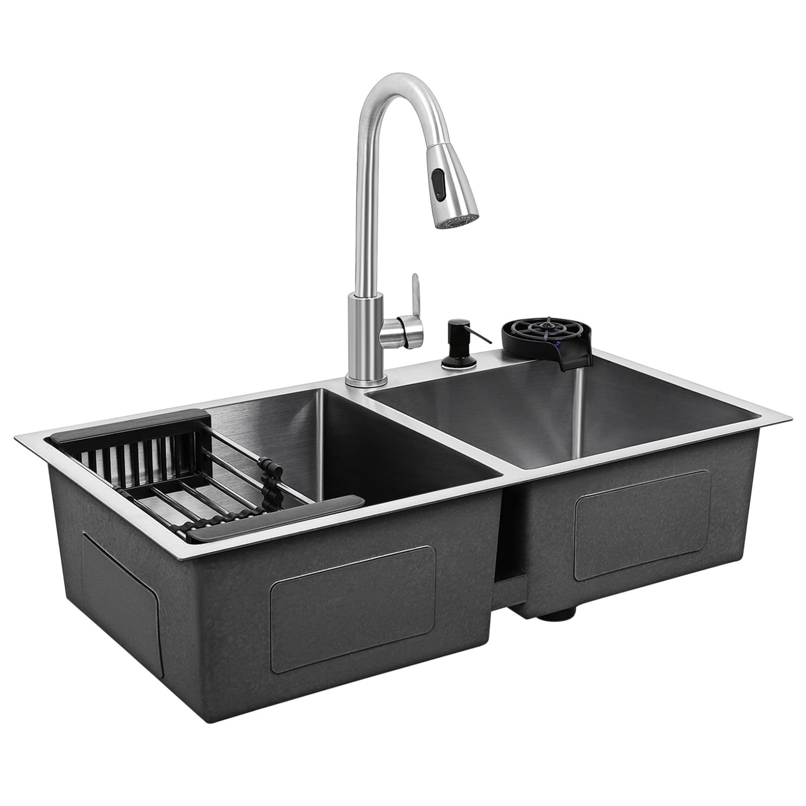 Fregadero de acero inoxidable doble cubeta encastrado para cocina con accesorios