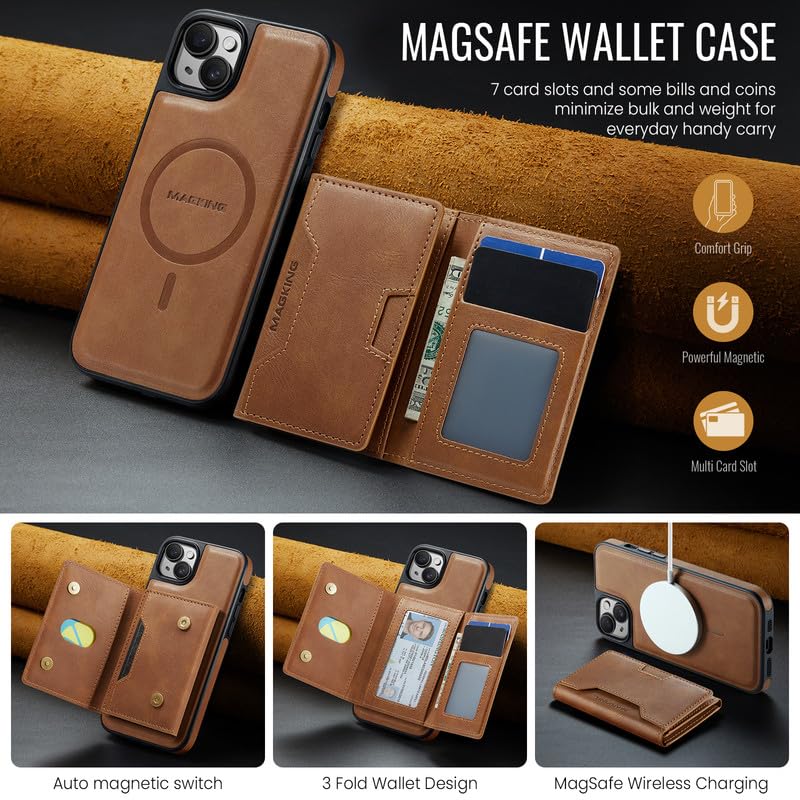 Funda magnética 2 en 1 para iPhone 15 Plus con tarjetero extraíble y bloqueo RFID en color marrón 4