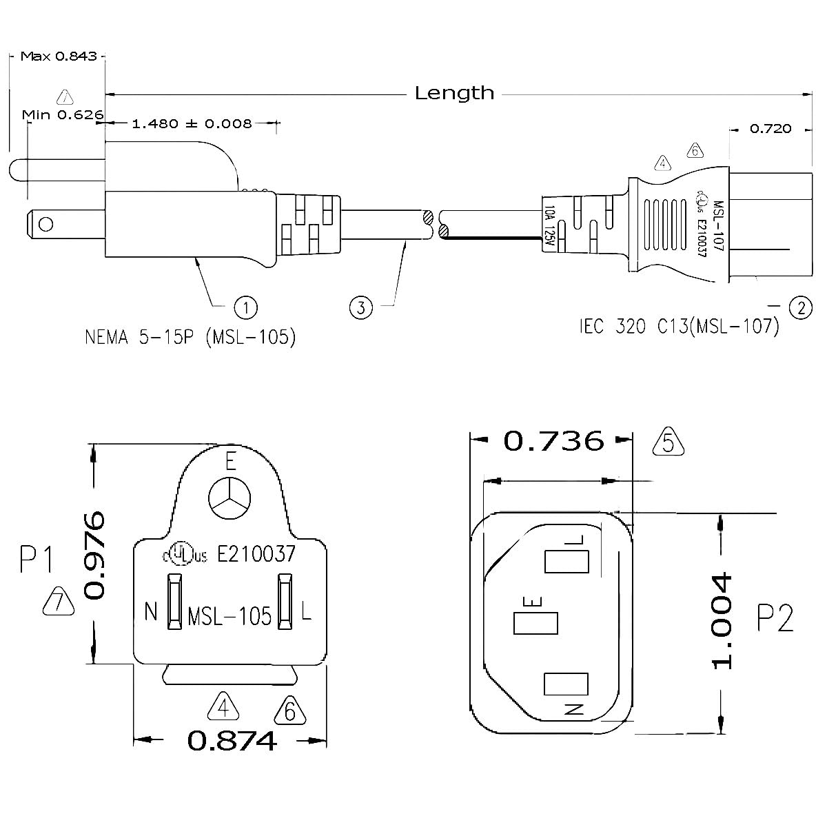CableLeader IEC320 C13 a NEMA 5-15P, cavo di alimentazione universale da 3 piedi e 14 AWG, compatibile con computer, monitor, stampanti e televisori, bianco