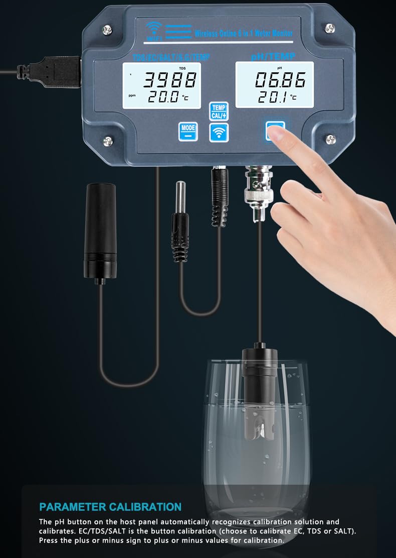 Testeur de qualité de l'eau 6 en 1, moniteur intelligent multifonction de qualité de l'eau S.G PH EC SALT ORP TDS CF TEMP avec affichage numérique pour aquariums, culture hydroponique, piscines