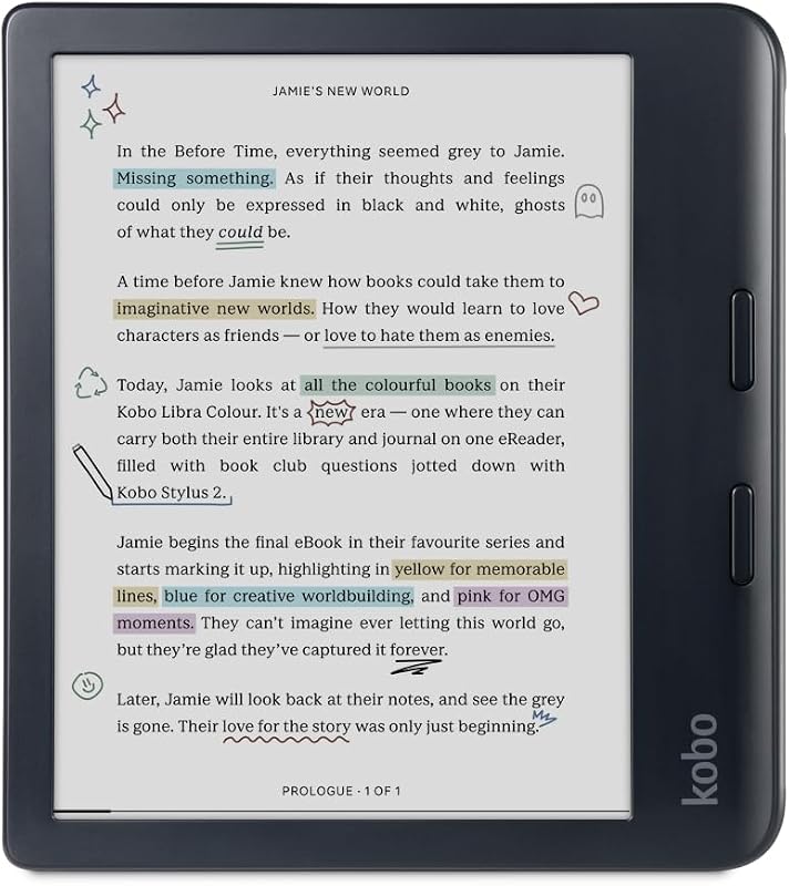 Libro electrónico Libra Color, tinta electrónica en color de 7", resistente al agua, negro | Tinta electrónica en color Kaleido 3 de 7", modo oscuro, resistente al agua, libros electrónicos, audiolibros, materiales reciclados