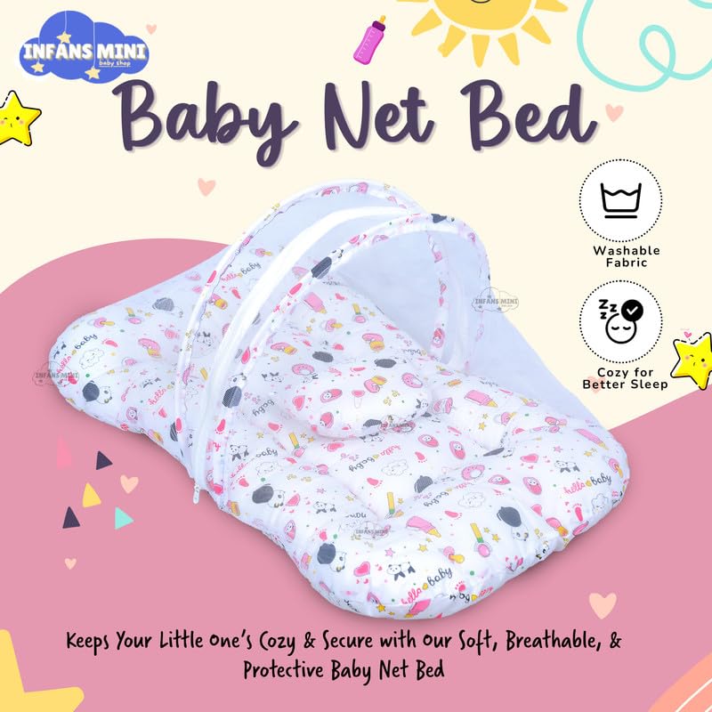 Image of Baby Bed with Mosquito and Insect Protection Net, Portable Mattress with Zip Closure & Pillow Ideal for Babies from 0-6 Months-Unisex (Panda Pink)