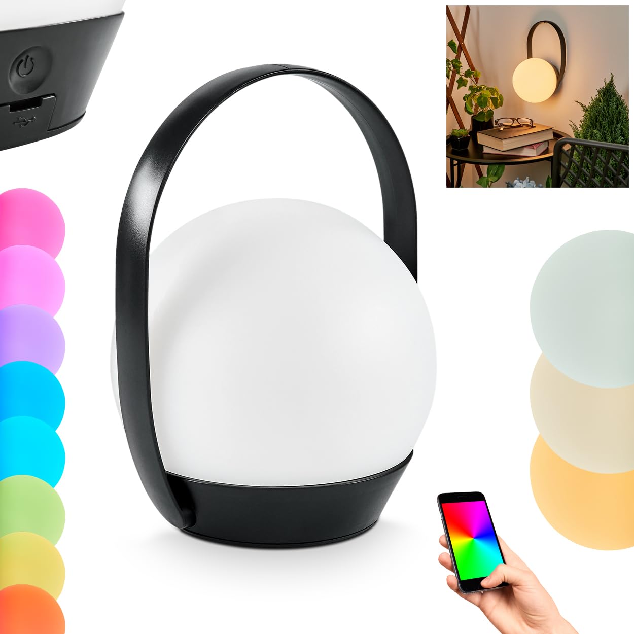 Lampada da tavolo a LED per esterni Fair, rotonda in plastica in bianco/nero, con telecomando/app control, connessione USB, funzione di ricarica,colore RGB, Bluetooth, compatibile con smart home