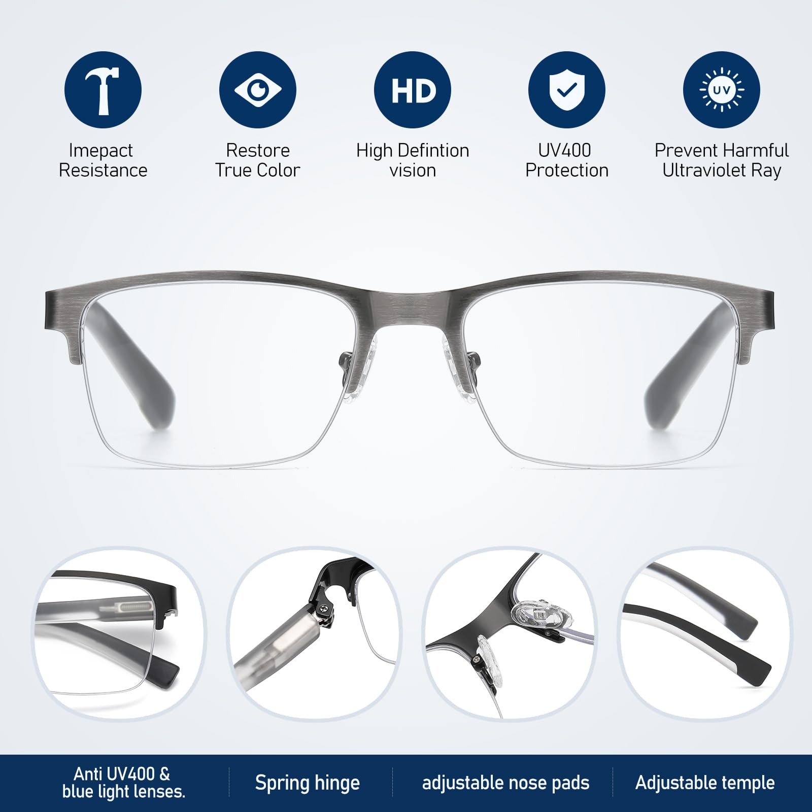 Paquete de 3 gafas de lectura extragrandes con bloqueo de luz azul para ordenador, montura rectangular de metal, lentes antirreflectantes, diseño ancho con bisagra de resorte, PT20