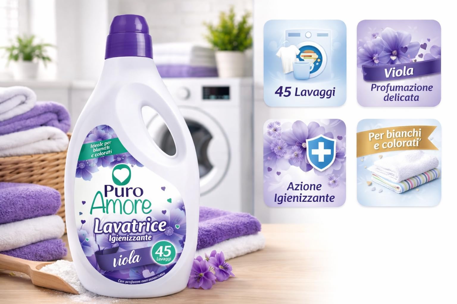 Puro Amore detersivo liquido lavatrice viola igienizzante – profumo intenso e duraturo – ideale per bianchi e colorati – 45 lavaggi per bottiglia – formato convenienza 3 o 6 bottiglie (6)