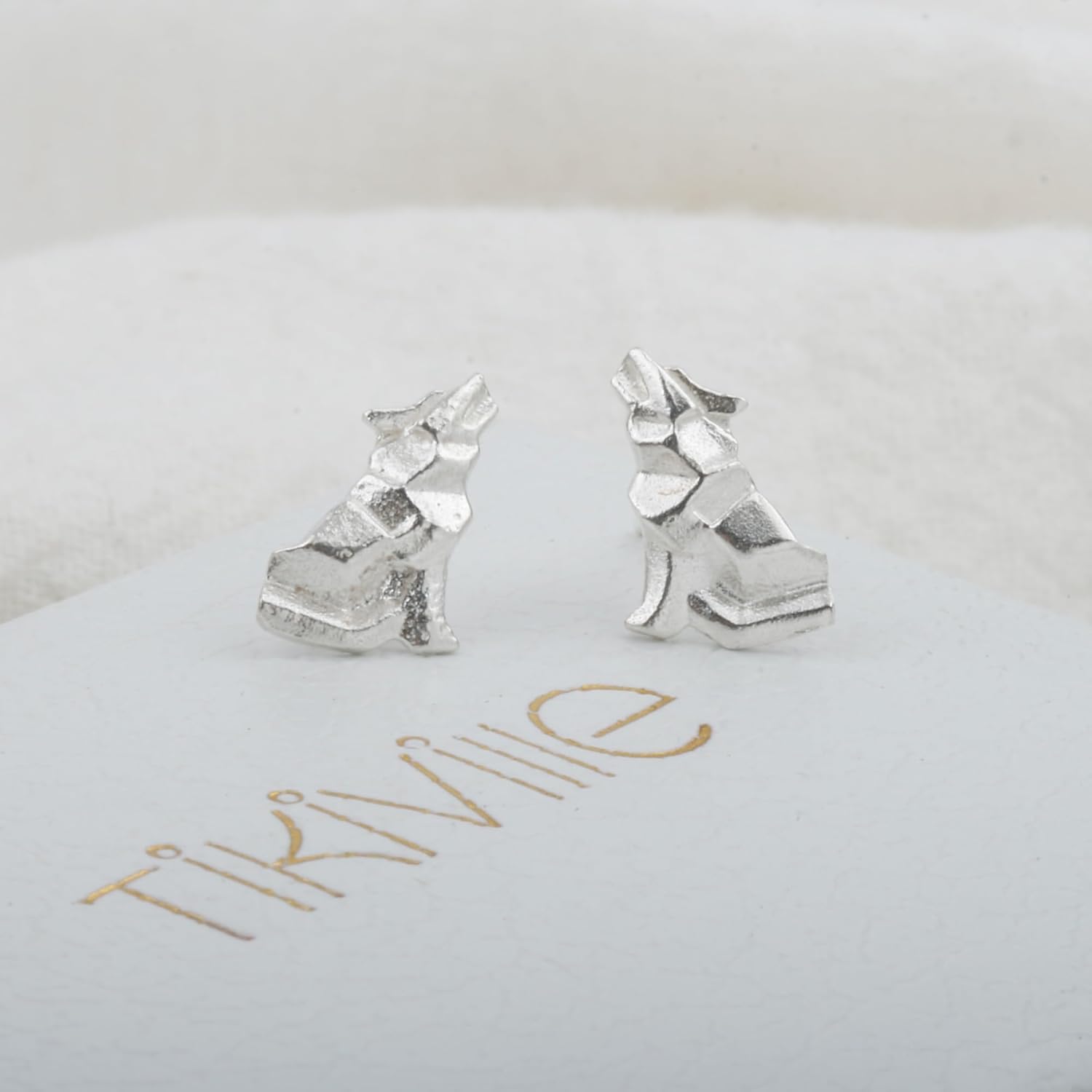 Handmade 925 Sterling Silver Origami Wolf Stud Earrings for Women Men - Image 2