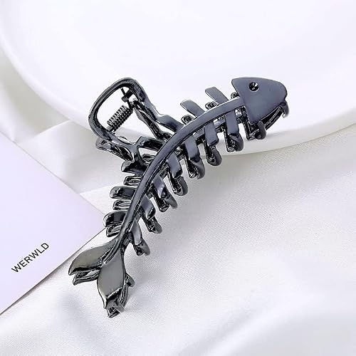 Fermagli per capelli in metallo a forma di lisca di pesce nero, grandi, antiscivolo, non si rompono, forte tenuta, accessori alla moda per donne e ragazze con ricci lunghi, spessi, sottili