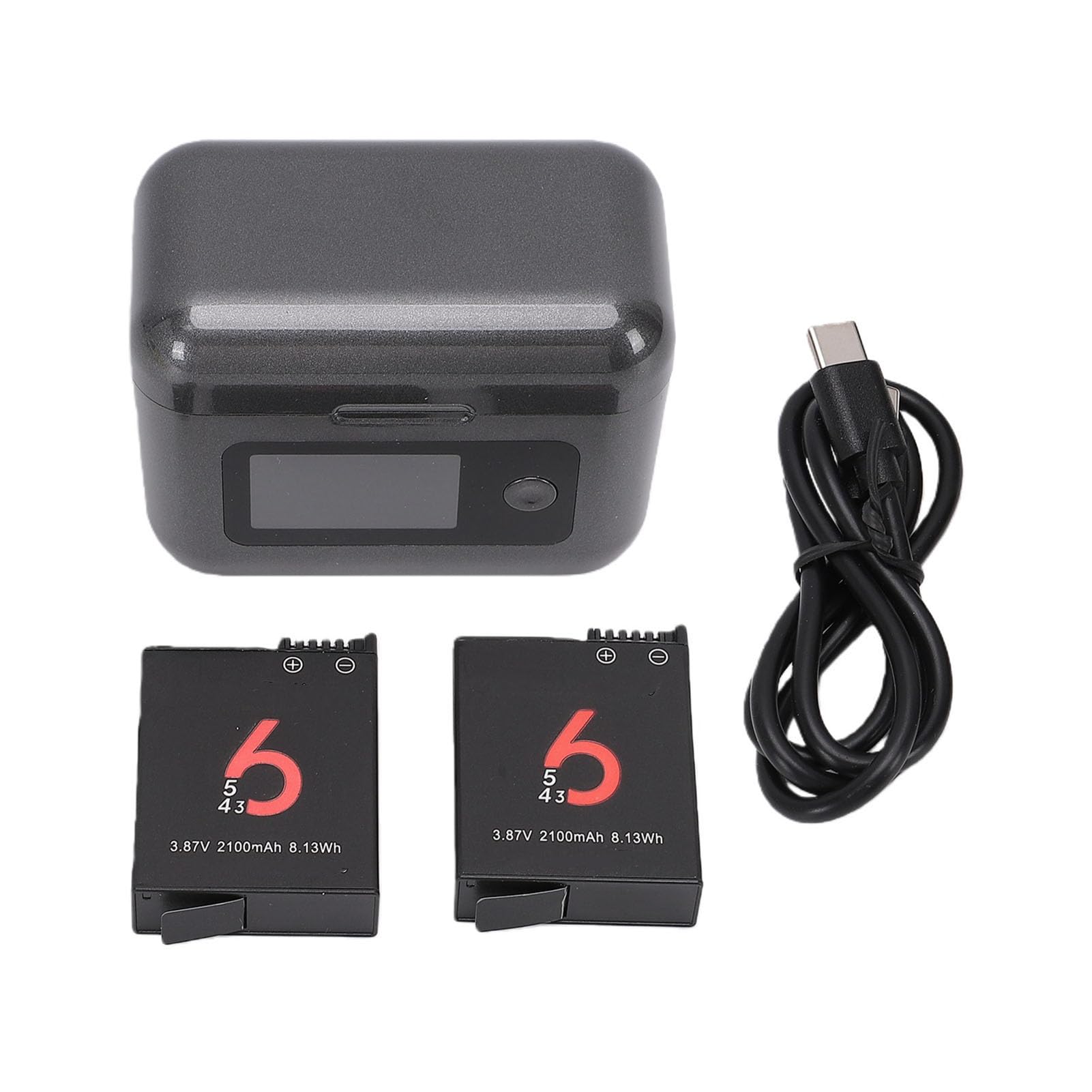 Caricabatterie rapido per action camera 6, 5, Pro, 4, 3 e 360 | Stazione di ricarica e accumulo a 2 canali, con 2 batterie da 2100 mAh, display LCD che mostra il livello della batteria.