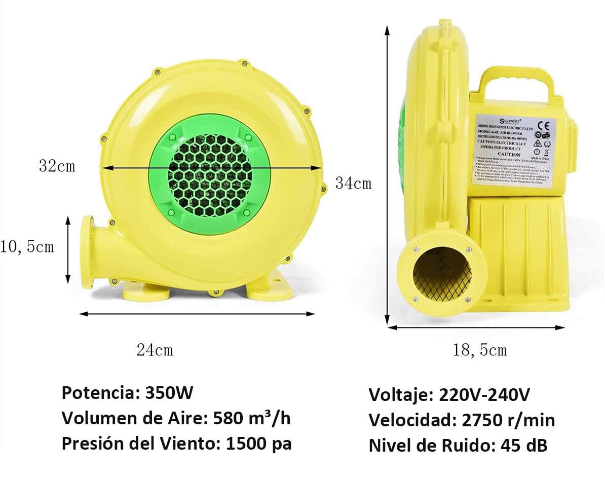 RELAX4LIFE Soplador de Aire 350/450/680 W, 220-240 V, Soplador Eléctrico con Gran Base, Ventilador Eléctrico con Cable de Alimentación 380cm para Castillo Hinchable (580 m³/h, 1500 Pa 350 W)