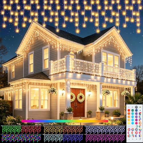 Image of Pooqla 35 Colors Icicle Lights for Outside, 48FT Icicle Christmas Lights | Outdoor Roof Christmas Lights with Remote, Color Changing LED Hanging String Lights for Roof Window Halloween Decorations