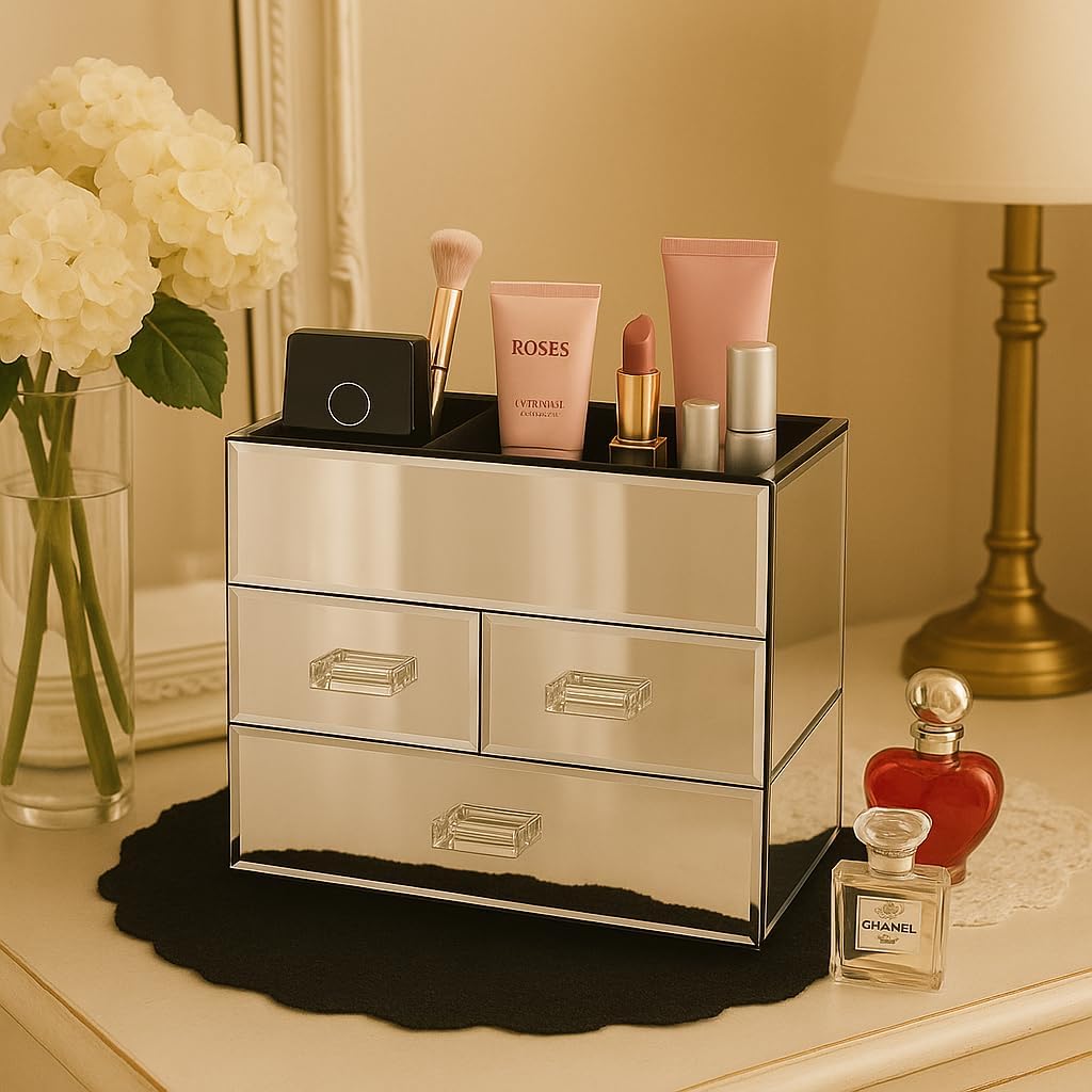 OnDisplay Miro 3 Drawer Mirrored Glass Makeup Organizer – Tiered Cosmetic Storage Box with Velvet Lined Compartments, Crystal Handles & 3 Pull Out Drawers for Vanity, Jewelry & Brushes (Silver)