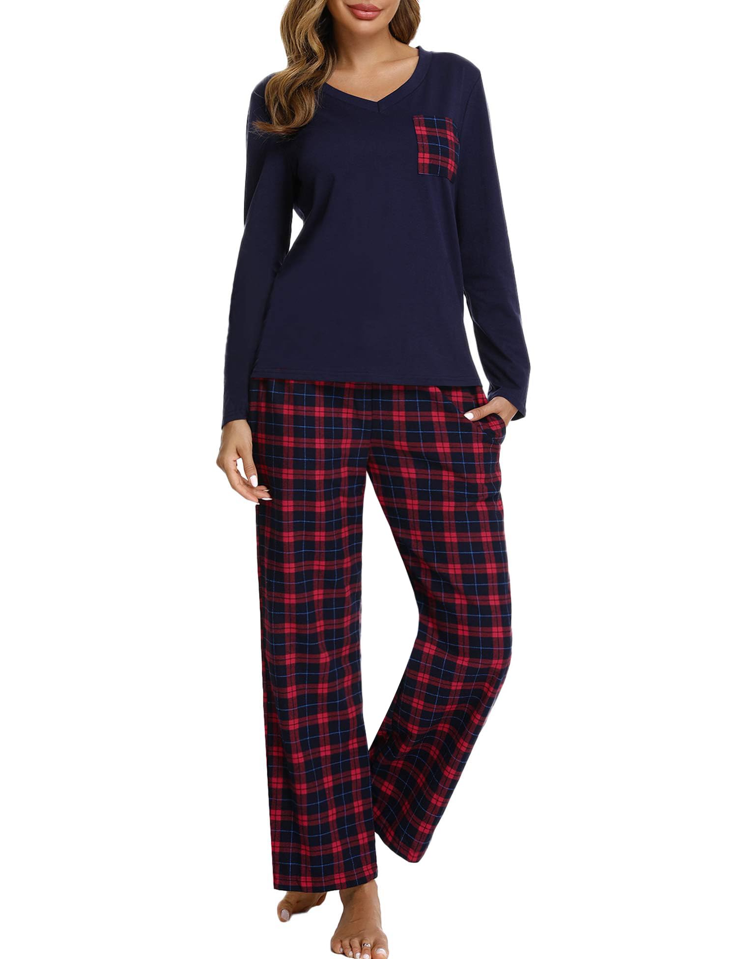 iClosam Pigiama Cotone Donna Invernale a Quadri Due Pezzi Pigiami Lungo con Tasche Laterali Comodo Casual per la Casa S-XXL