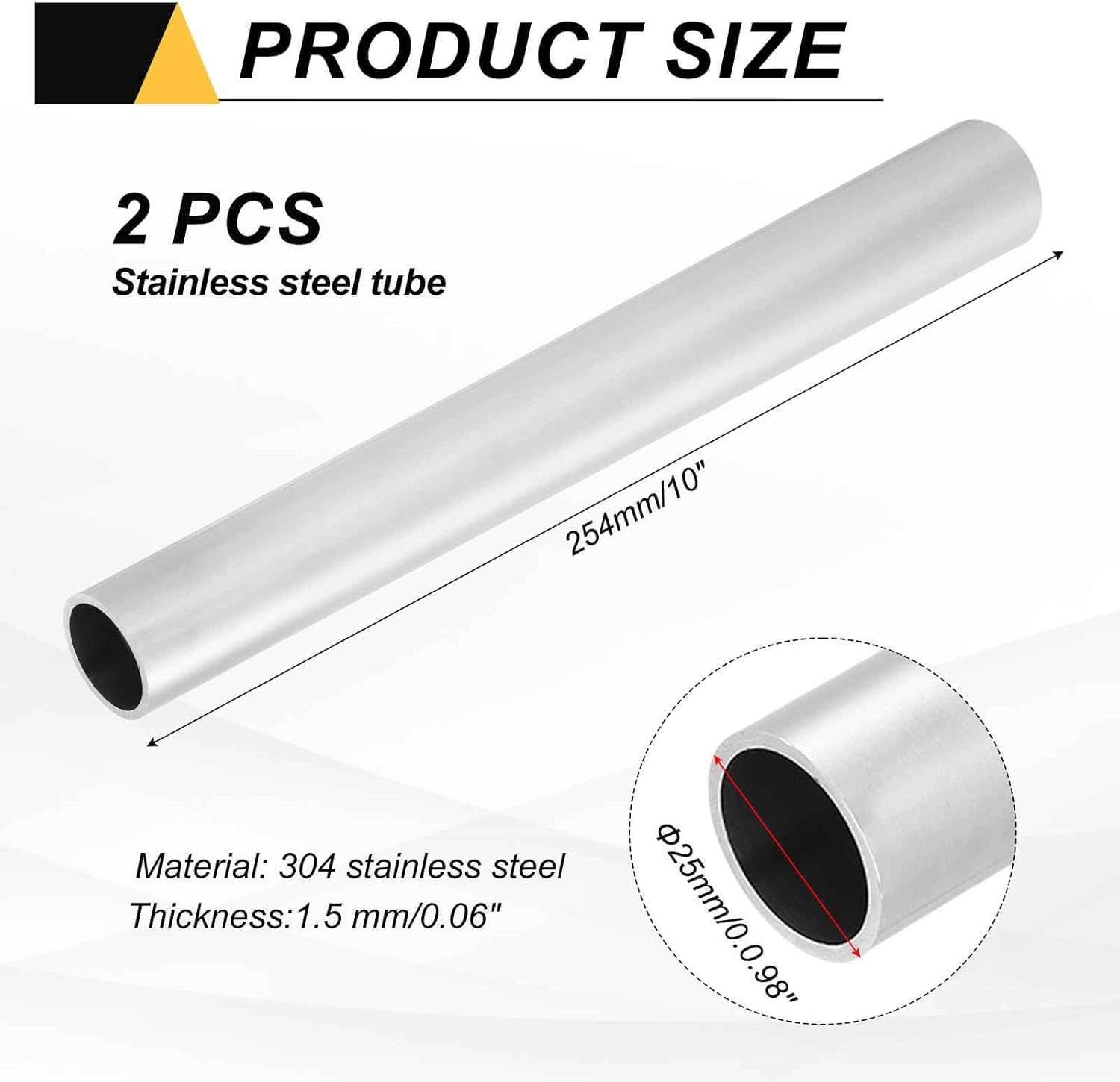 MECCANIXITY 2 PCS 304 Stainless Steel Tubing, 25mm OD 1.5mm Wall Thickness 254mm Long Round Metal Pipe Steel Tube for Industrial Machinery Home Decoration DIY Crafts Model