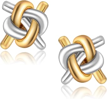 Thick Love Knot Earrings 925 Sterling Silver Tri-tone White Yellow and Rose Gold Plated Love Knot Post Earrings Dainty 8MM High Polished Stud Earrings for Women