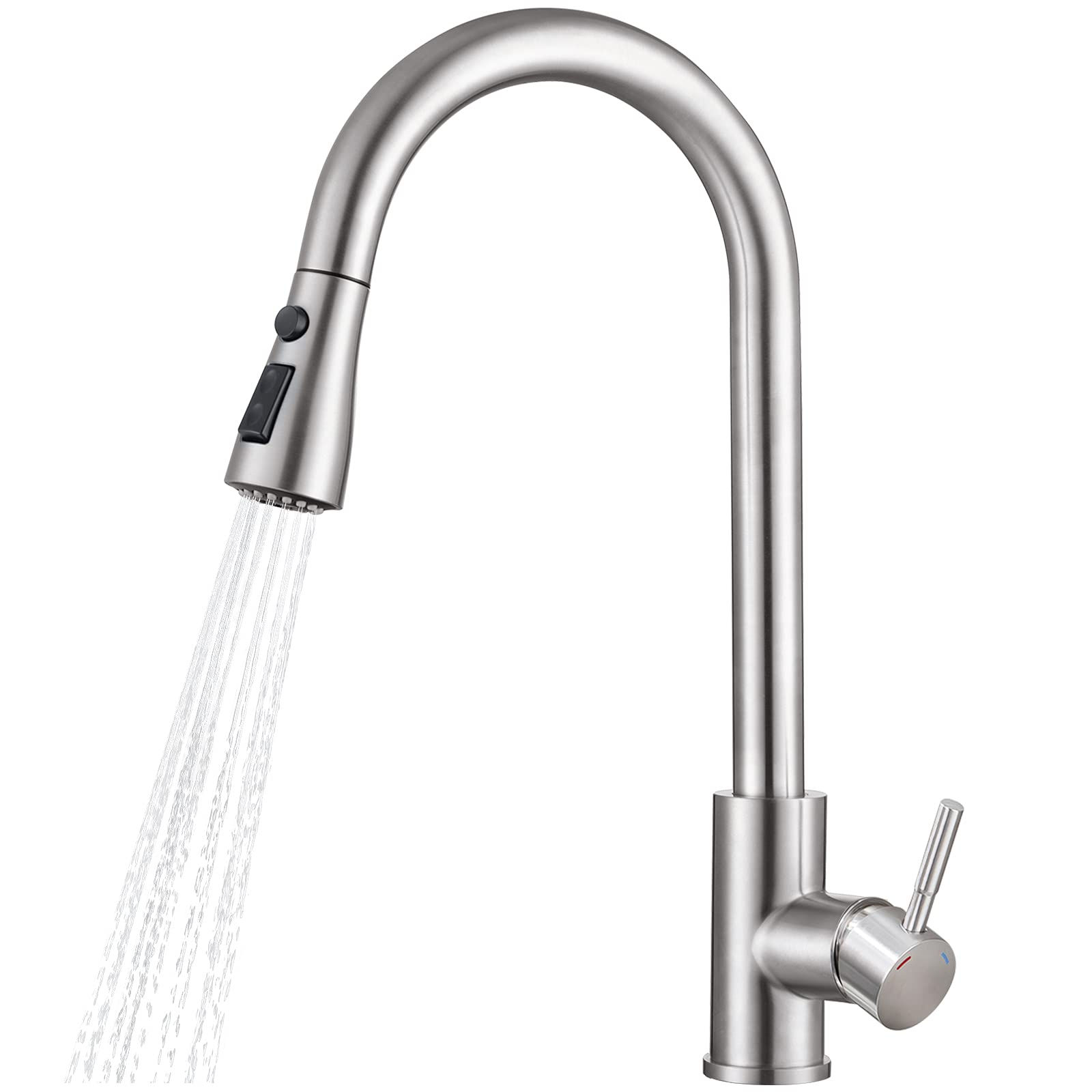 TNOMSBrushed Nickel Kitchen Faucet with Pull Down Sprayer,Single Handle High Arc Faucet for Kitchen Sink,Commercial Modern Kitchen Sink Faucets,Stainless Steel