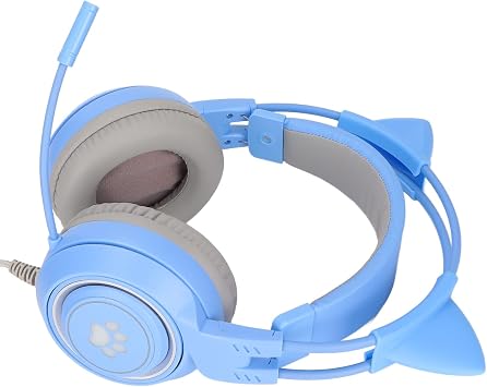 Cat Ear Gaming Headset, Cat Ear Gaming Headphone Headset with Detachable Cat Ear Headphones Supports Volume Adjustment Microphone Mute(Blue)