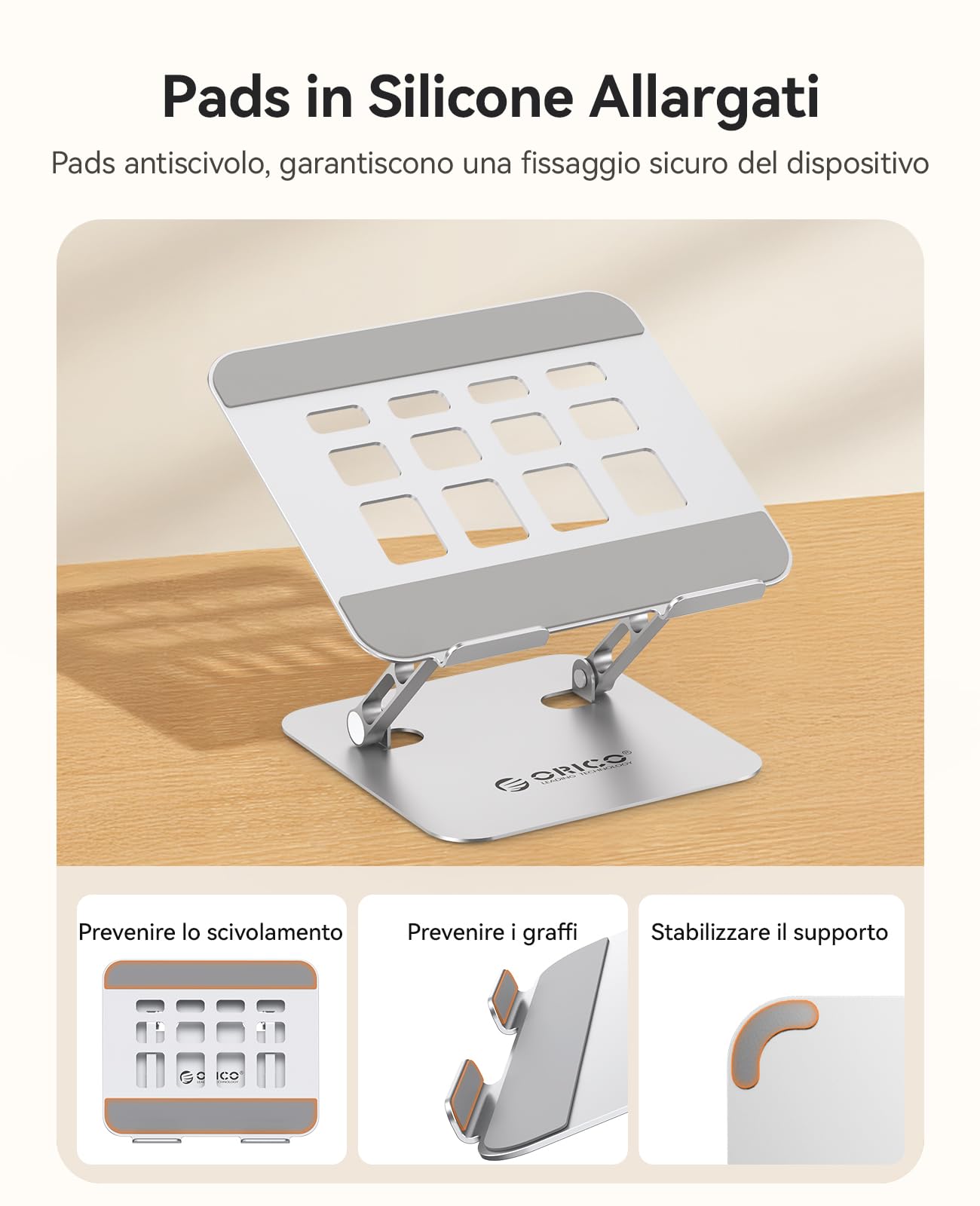 ORICO Supporto PC Portatile, Laptop Stand Ergonomico e Ventilato, Altezza Regolabile e Design Pieghevole, Supporto Laptop Scrivania per MacBook Air, Pro e Notebook da 10"-17" - ST11, Argento