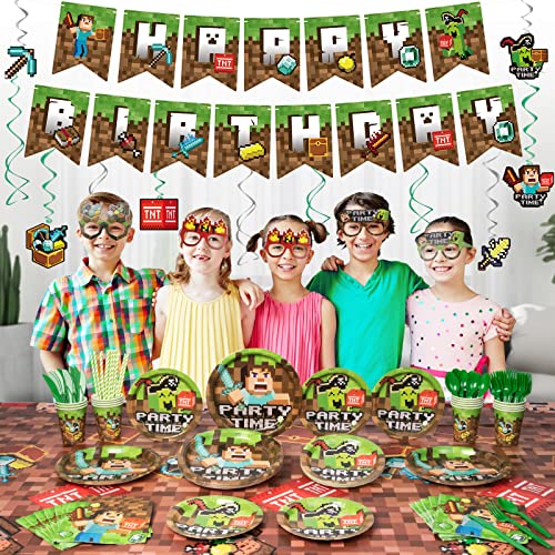 Decorlife Pixel Game Birthday Party Supplies Serves 16, Cool Gamer Party Decorations For Boys, Complete Pack Includes Tablecloth, Hanging Swirls, Total 142Pcs #TOP5