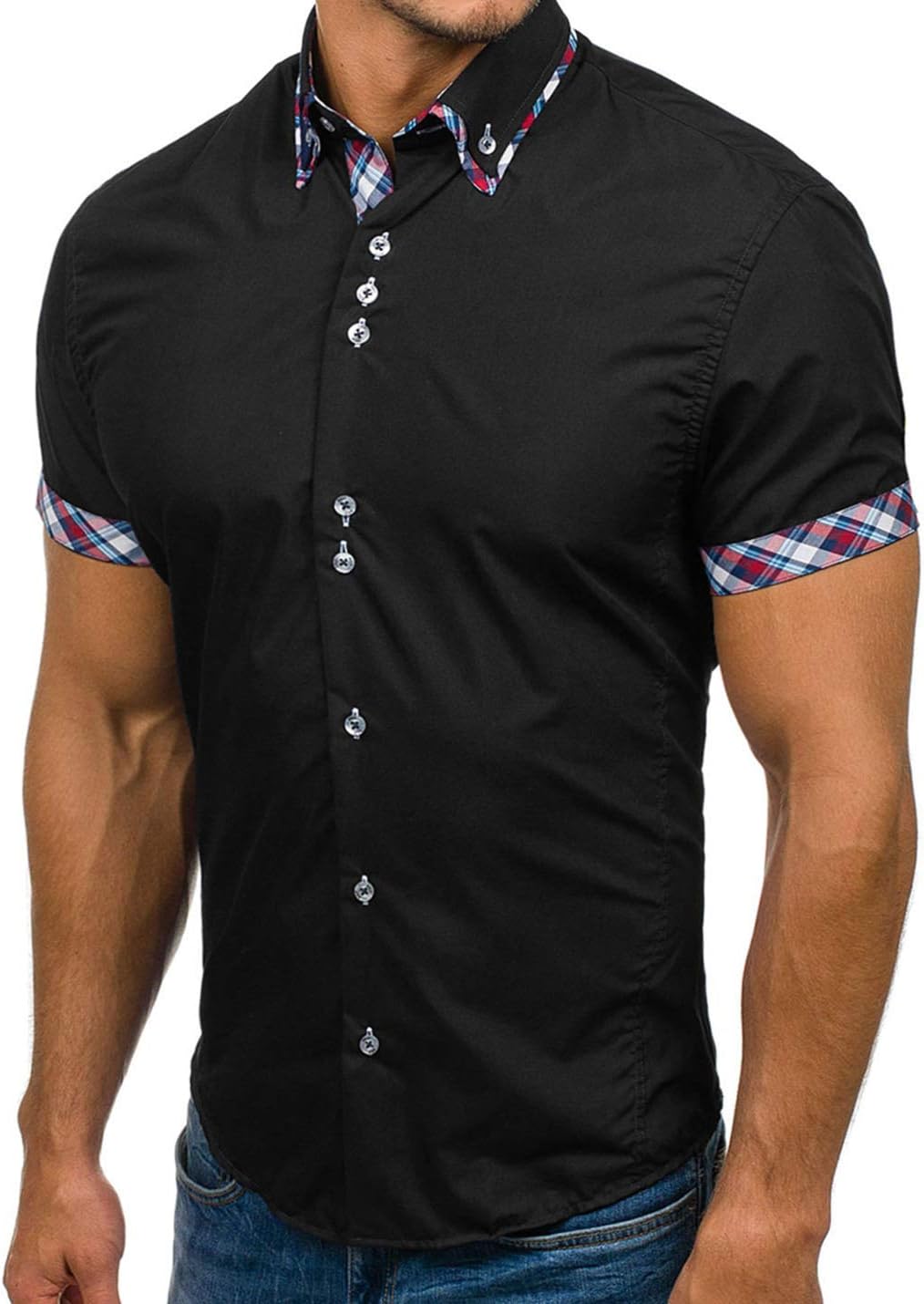 Flygo Men's Slim Fit Short Sleeve Button Down Tee Shirts (X-Small, Black)