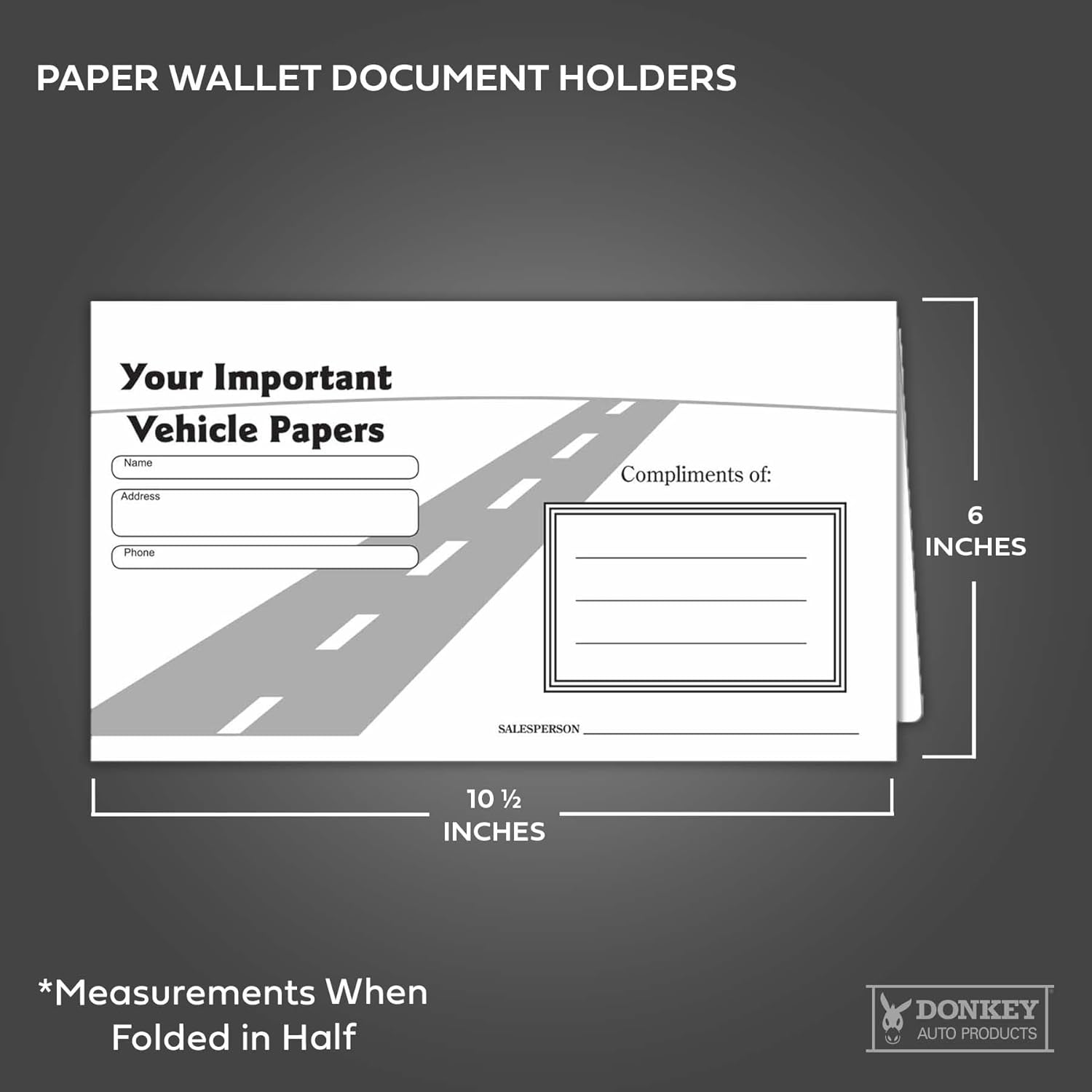 Vehicle Papers Wallets - Car Document Holders - Black (50 Pack)