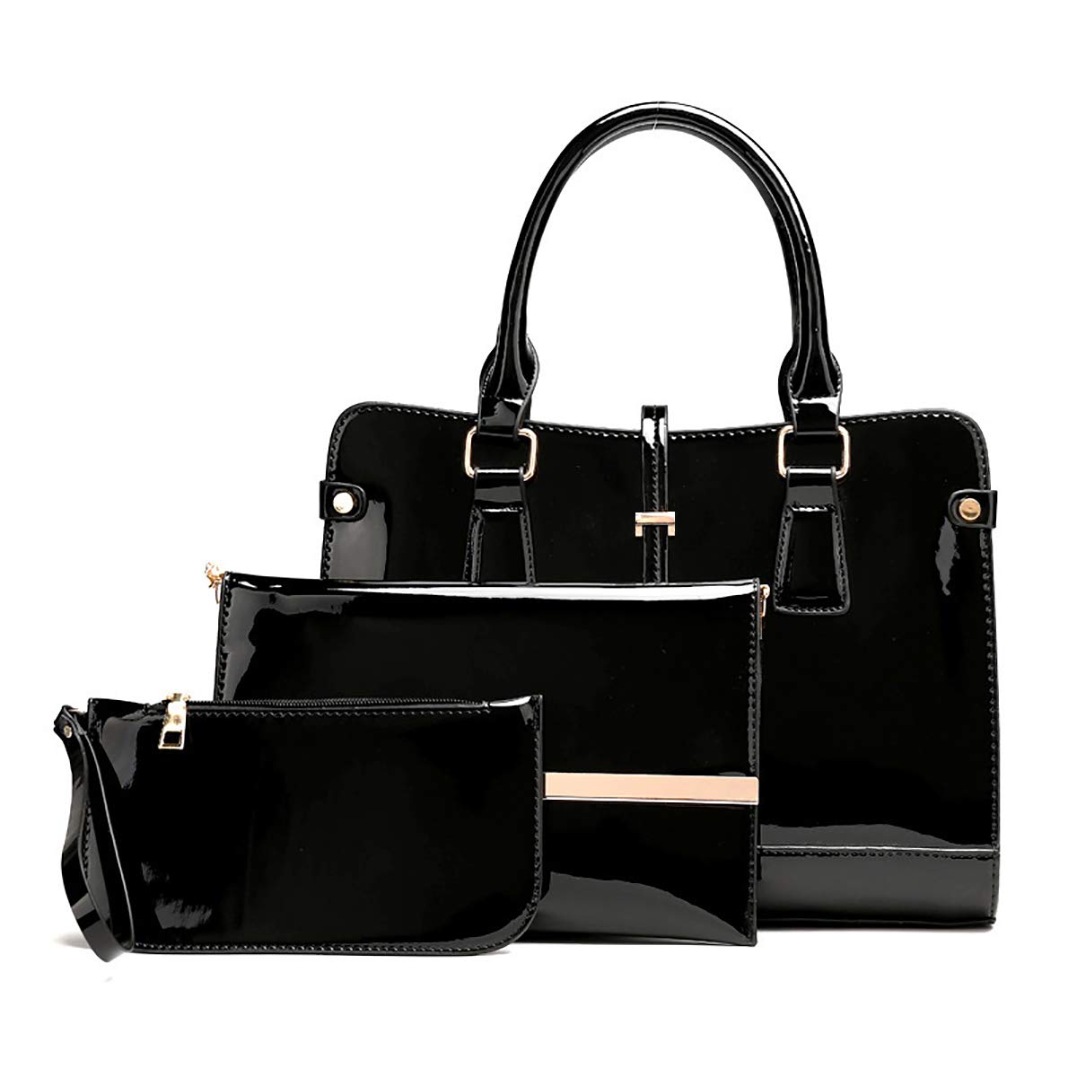 CoolivesWomen's Top Handle Bag Set 3 Pieces with Strap in PU Patent Leather Black