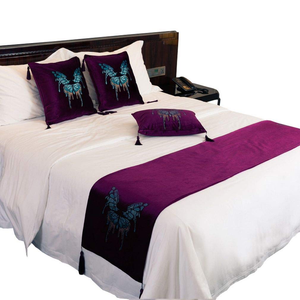 Chemin de lit jacquard papillon lilas 45x180cm aux finitions haut de gamme