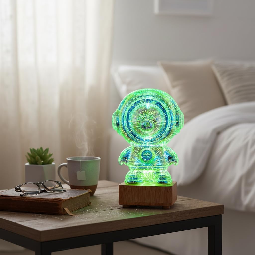 Wonderlit LED Spaceman 3D Firework Light displaying a green and blue firework effect on a table.
