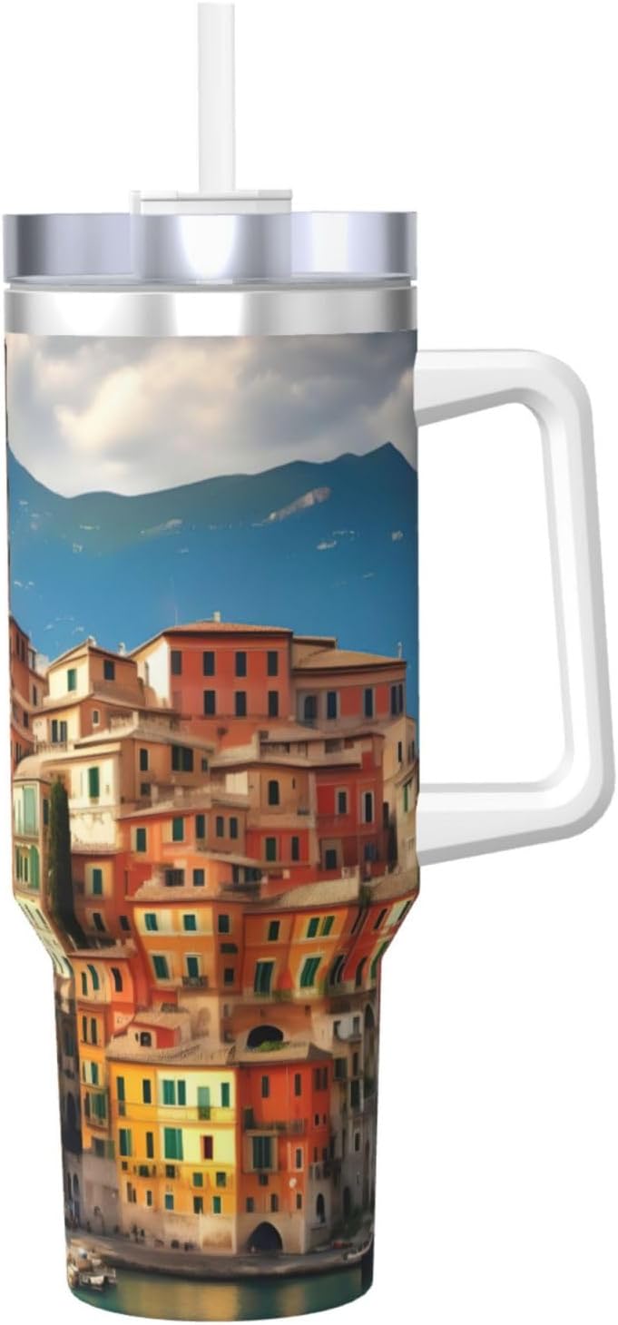 40 OZ beautiful Italy Print Ice Bully Cup with Handle Straw Lid Straw,Stainless Steel Tumbler Coffee Cup