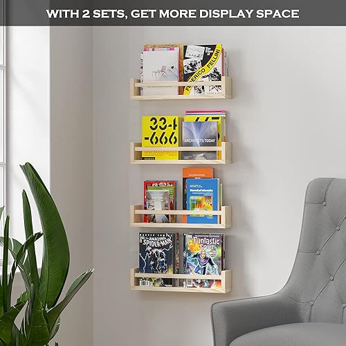 Miniatura 6 de Estantes clásicos para guardería, juego de 2 estantes flotantes de madera natural para habitación de los niños, estantes de pared para decoración de