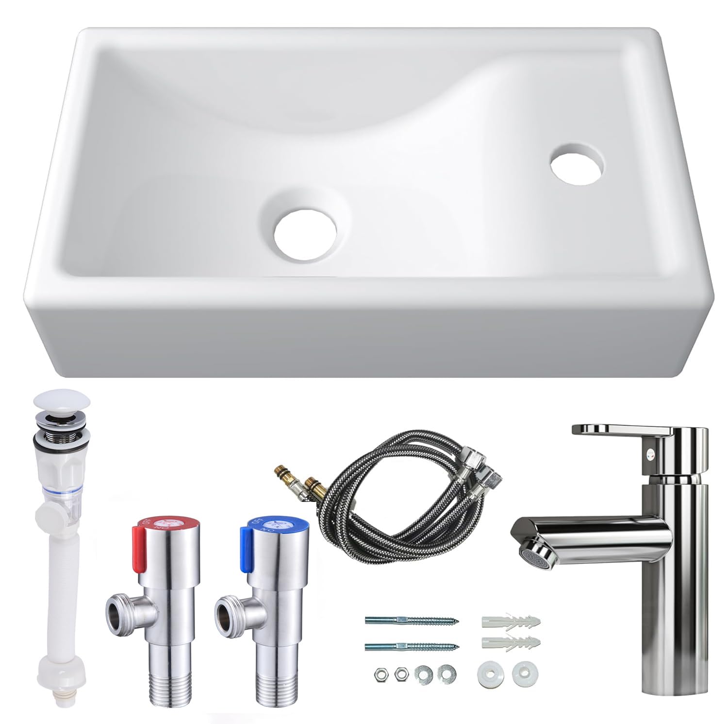 370×180×90CM Wall Hung Basin Sink Combo, Small Cloakroom Basin, Rectangle Ceramic Bathroom Wash Basin - right Hand Sink Set (Include Faucet & Pop-up Drain)