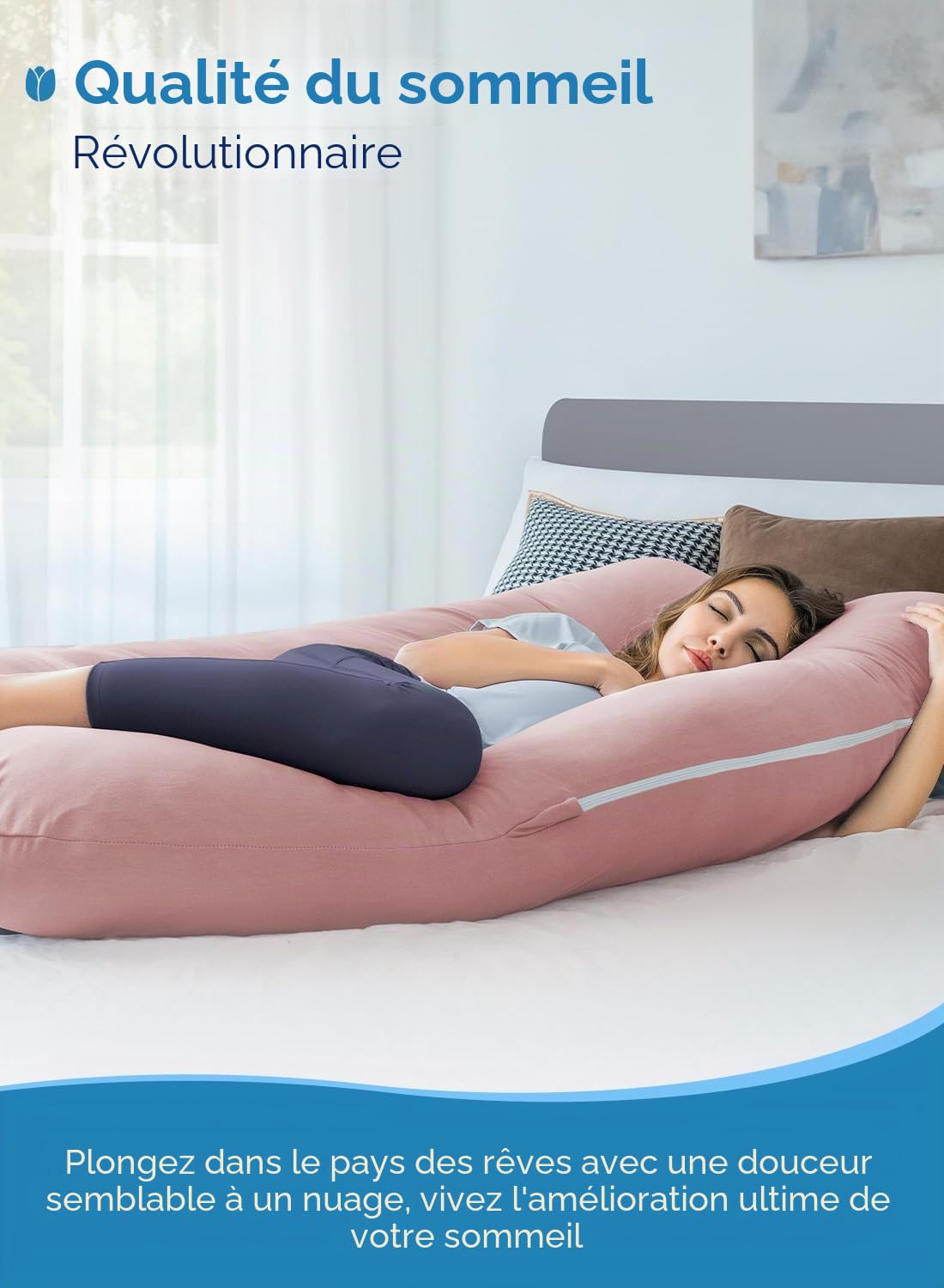 Queen Rose Coussins de Grossesse/maternité rafraîchissant en Forme de U avec Housse Ultra-Douce Rose