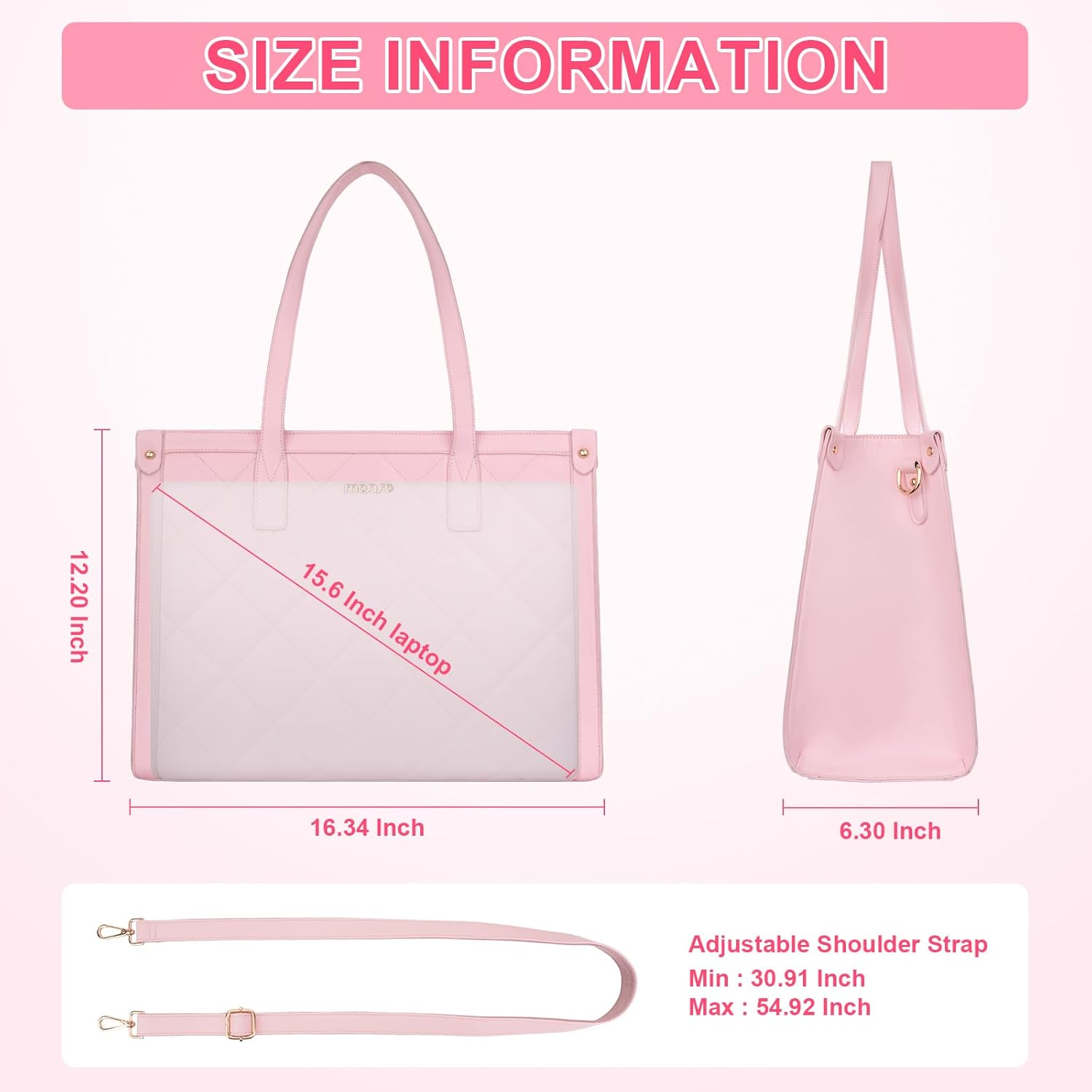MOSISO Laptop Tote Bag for Women, 15.6 inch PU Leather Rhombus Quilted Work Bag with Cup Holder & Clutch Purse, Large Capacity Teacher Computer Briefcase for Business Office, Pink