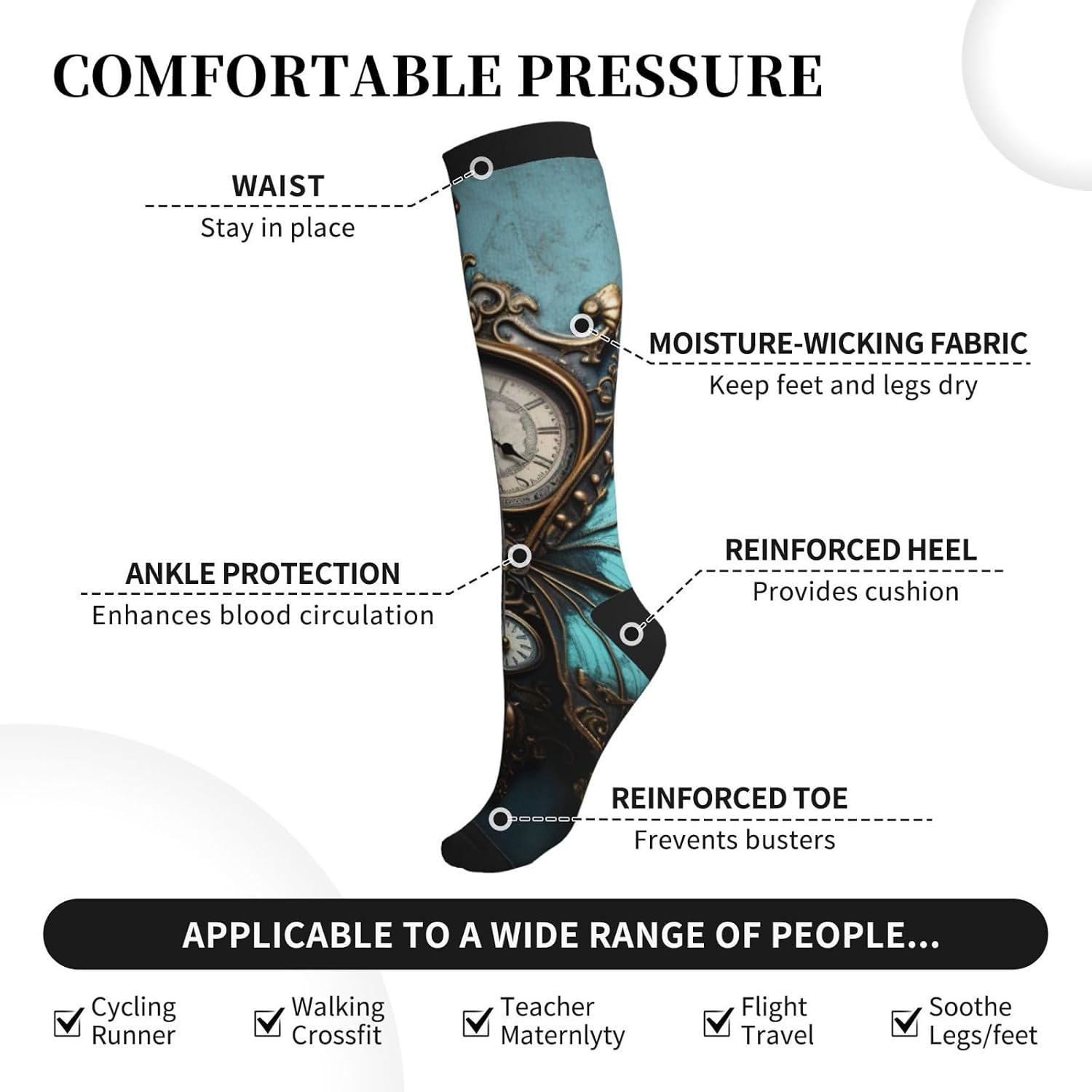 Clock Butterfly Print Compression Running Socks For Men And Women Athletic Socks For Everyday Use Socks