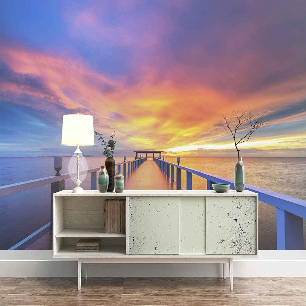 Papier peint 3D panoramique coucher de soleil et mer en toile canvas auto-adhésive haut de gamme