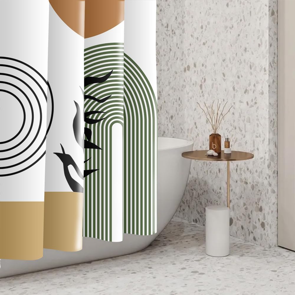 Mid Century Shower Curtain 72x72 Inch Sage Leaves Green Arch Boho Aesthetic Minimalist Modern Bathroom Decor Set Fabric Waterproof Polyester Accessories with Hooks
