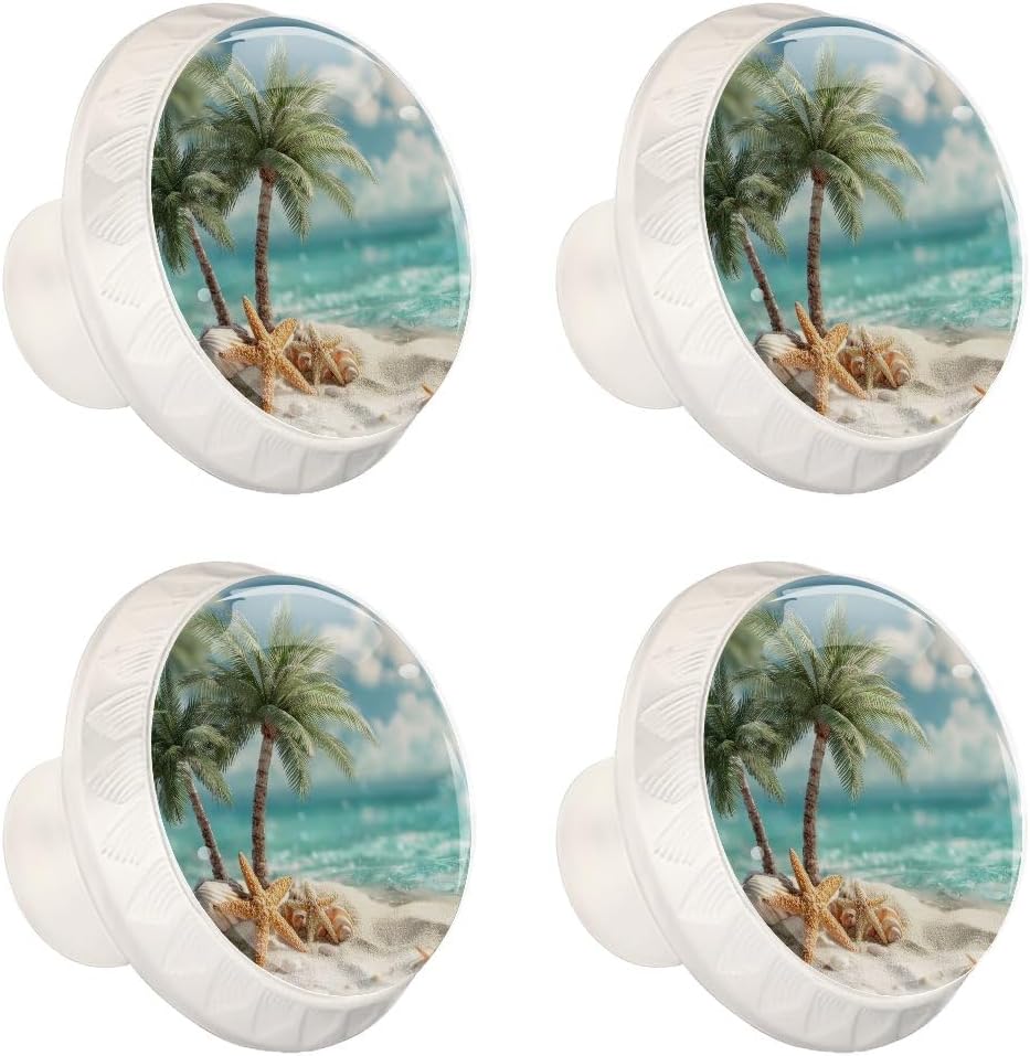 4 Pack Cabinet Knobs, Starfish Beach White Knobs with Screws Round Furniture Drawer Pulls Handle for Dresser Cupboard Wardrobe Closet Hardware