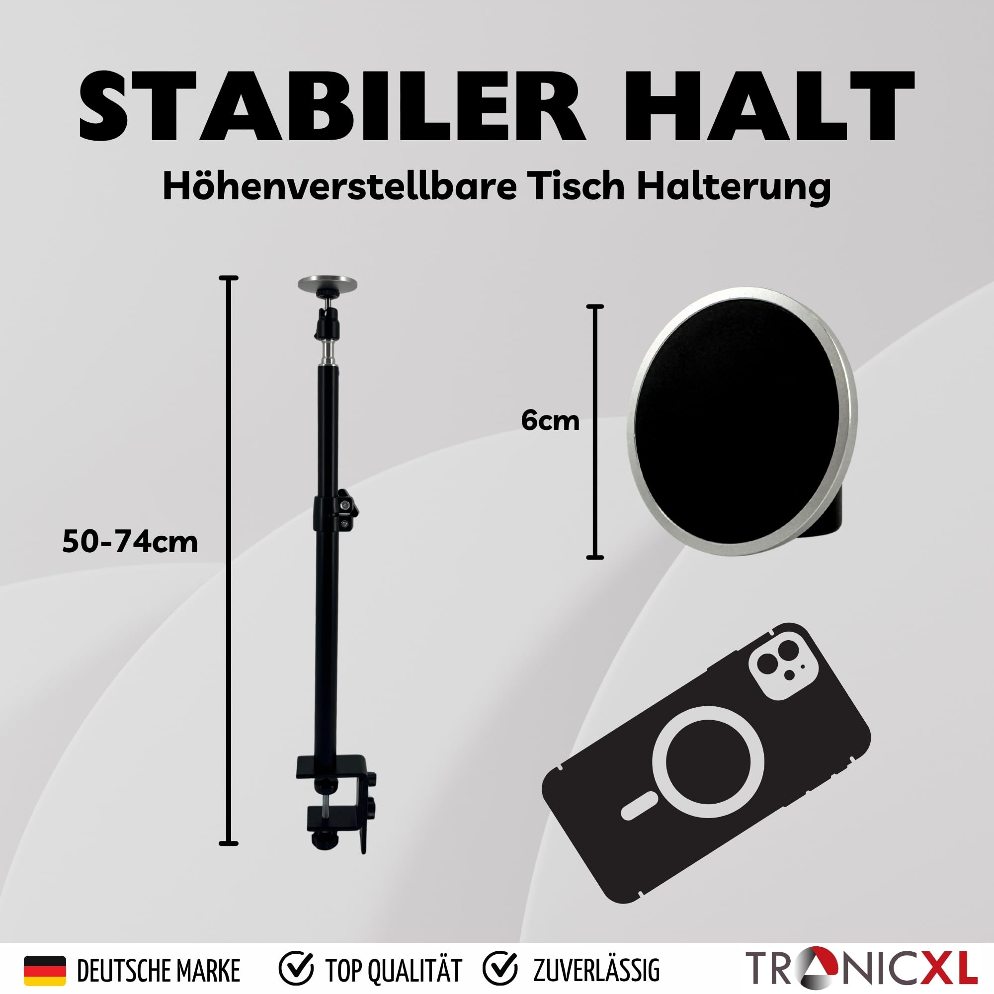 TronicXL Handy Klemmhalterung mit Magnet kompatibel mit Apple Magsafe iPhone Xiaomi Samsung Google Smartphone Klemmstativ höhenverstellbar Tischklemme Klemme Tisch Tischhalterung
