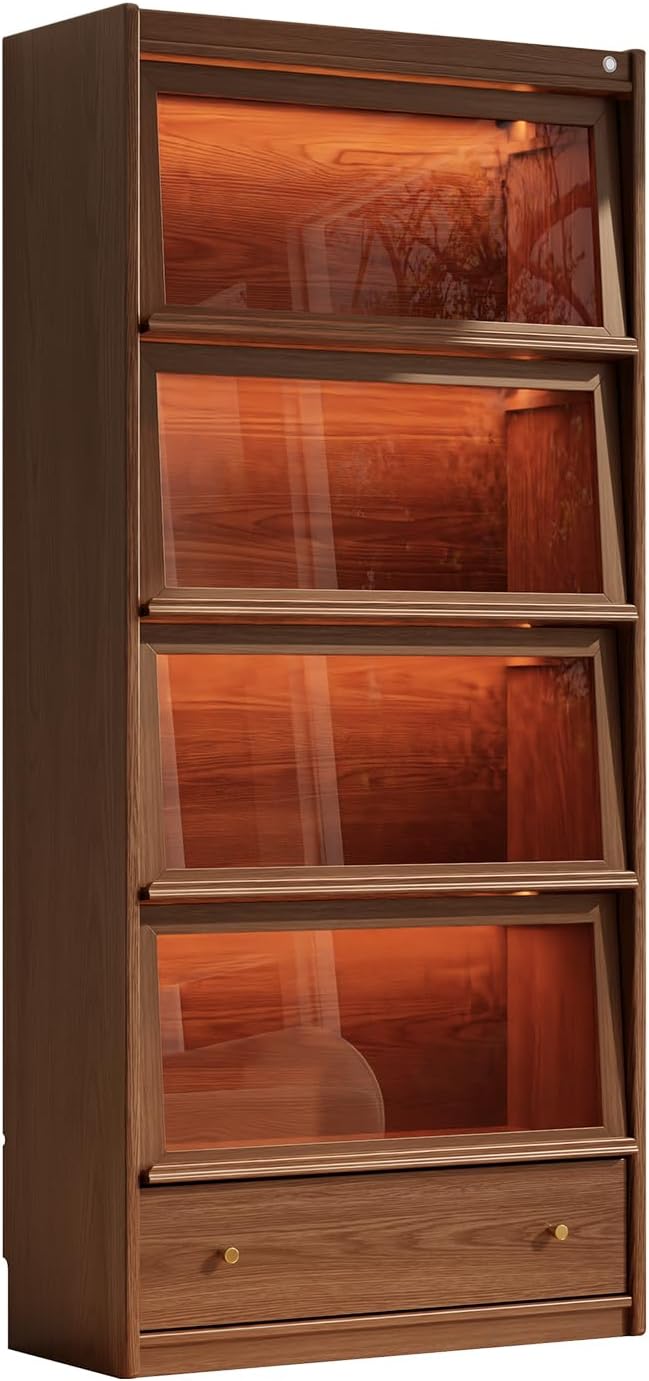AQIMUELE Solid Wood Bookcase - 5-Tier Book case with 3 Color LED, 73.5" H x 32" W Tall Bookshelf with Clear Glass Doors and Storage Display Case Cabinet for Living Room