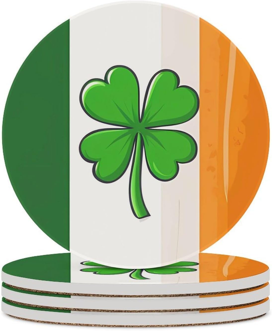 Ireland Shamrock Irish Flag Coasters for Drink Round Ceramic Coaster with Cork Base Home Decorative 6PCS