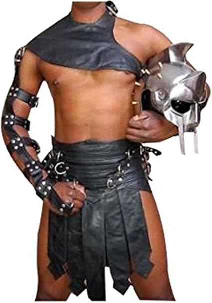 Real Black Leather Heavy Duty Mens Roman Gladiator Kilt Set