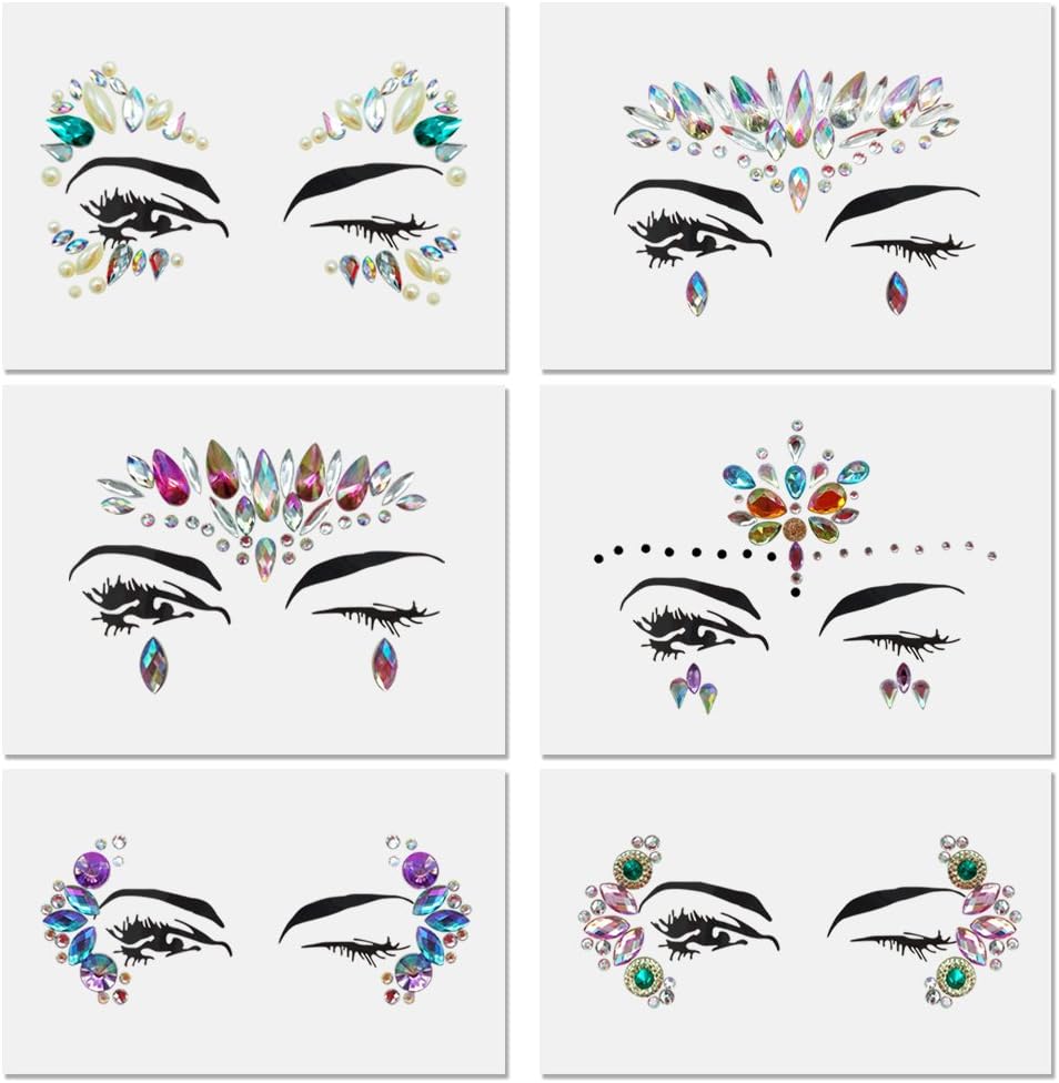 Festival face jewels Tattoo, Udyr 6 Sets Rhinestone Crystal Gem Stones Temporary Sticker Tribal Style 3D body Face And Eye Jewels Forehead Stage Decor (set 1)