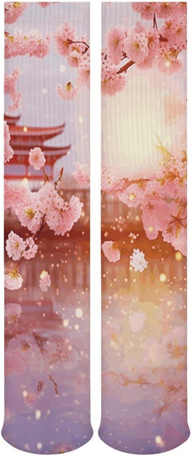 Breathable Crew Sock, Moisture Wicking, Athletic Calf Socks, Cozy | Cherry Blossoms Compression Socks for Women Men, Lightweight High Work Socks for Business, Casual