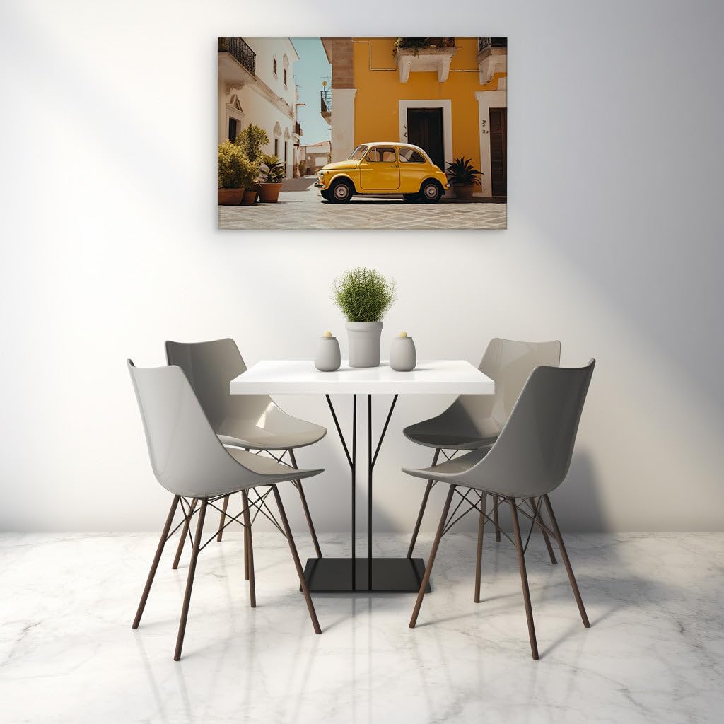 Canvas for Living room. Picturesque Charm: A Vintage Yellow Fiat 500 Nestled in a Quaint Street Scene, 27 x 18 inch Canvas Wall Art - St. Peter'S Basilica - Retro Home Decor
